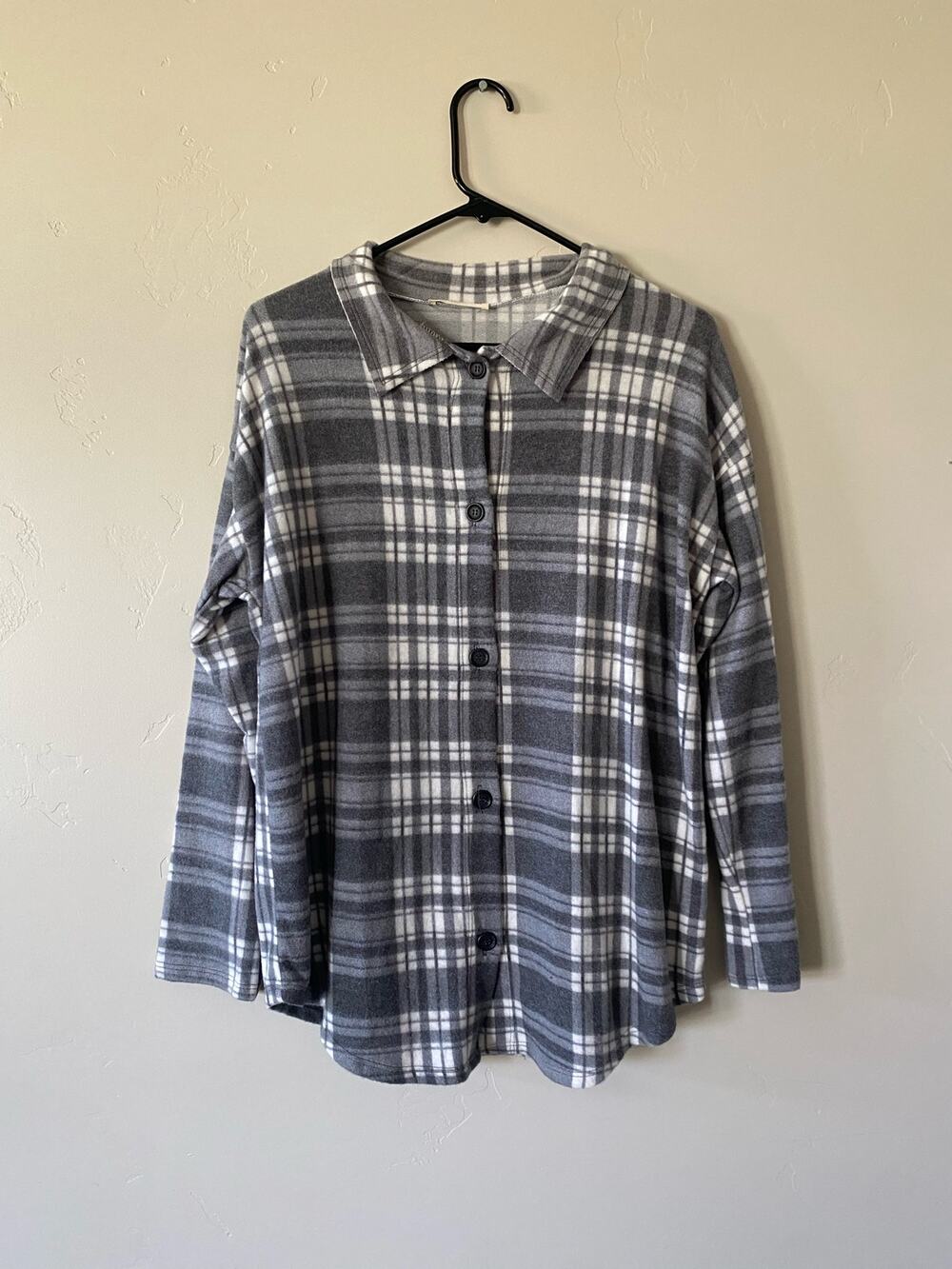 Reb in J Gray Plaid Flannel Button Up Collared Blouse Sz M Casual Comfy Cozy